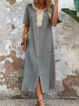 👗🧚‍♀️【Reducere 50% 🔥】【S–3XL】💖 Rochie de vară vaporoasă pentru femei, cu decolteu rotund, dantelă, mâneci scurte, din bumbac și in pur, cu șliț și croială lejeră-3988605