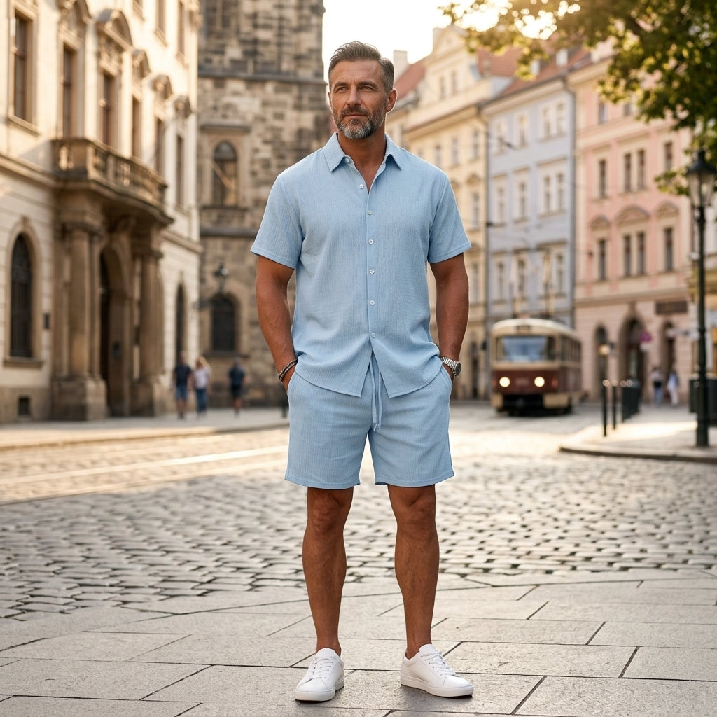 👔👖【S-3XL】🔥Ljetni muški ležerni komplet za plažu kratkih rukava i košulje kratkih hlača, ležerna mješavina pamuka i lana