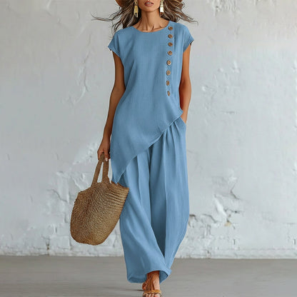 ✨Ležeran ljetni set s asimetričnim dizajnom i bočnim gumbima, topom bez rukava i širokim hlačama, boho-chic stil