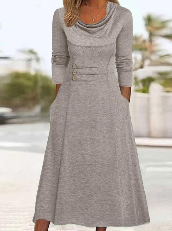 🔥【Vânzare fierbinte】【S-3XL】2025 rochie nouă cu gât rotund de culoare solidă, cu buzunare-3867024
