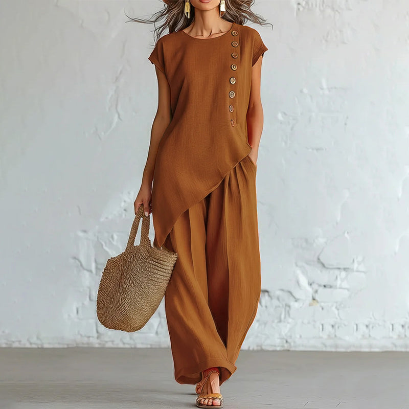 ✨Ležeran ljetni set s asimetričnim dizajnom i bočnim gumbima, topom bez rukava i širokim hlačama, boho-chic stil