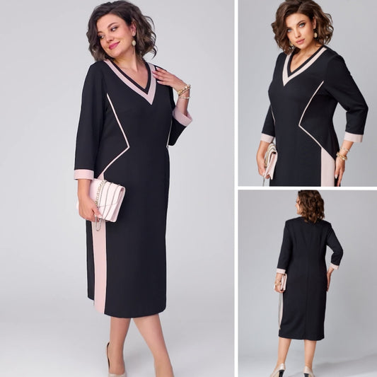 [S-5XL]Rochie elegantă cu design în două culori și decolteu în V pentru toamnă-iarnă | Croi care subțiază și alungește silueta, confortabilă și călduroasă-3868666