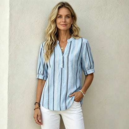 👚 【50% popusta na sezonske ponude】Ljetna prugasta bluza kratkih rukava od pamuka i lana od prozračnog materijala