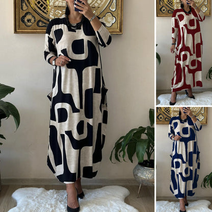 👗🎀【S-3XL】Ležerna modna haljina s okruglim izrezom i dugom suknjom s printom dugih rukava