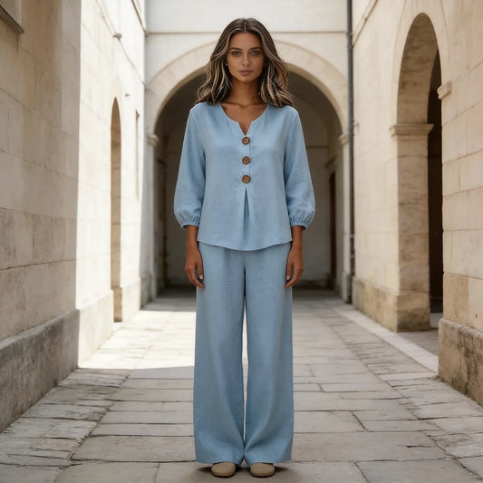 【Oferta limitada al 50%】Nuevo conjunto de mujer de dos piezas: blusa y pantalón con volantes, botones y escote en V