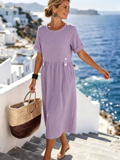 💥⏳【Zadnja 3 dana, 50% popusta】👗【M-3XL】Nova pamučno-lanena haljina s okruglim izrezom, prozračna i udobna, stagnira i laska.