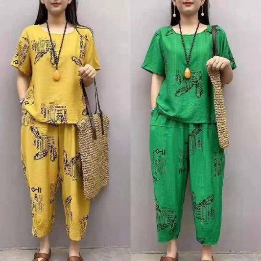 🔥【Top + Pantaloni】🔥Costum de femeie cu mânecă scurtă, stil nou 2025, lejer, pentru femei de vârstă mijlocie și în vârstă
