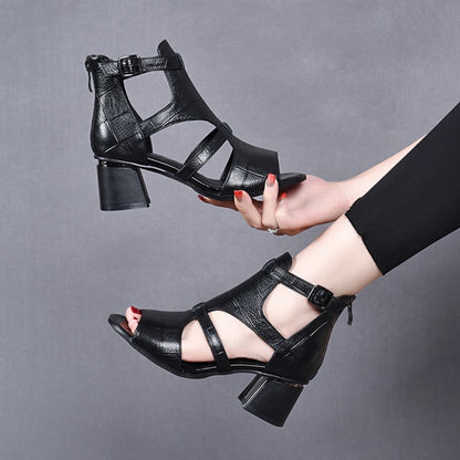 👡【35-40】Noua piele moale, moale, fund de pește, gură de pește, gură goală, sandale romane cu toc gros--3888158
