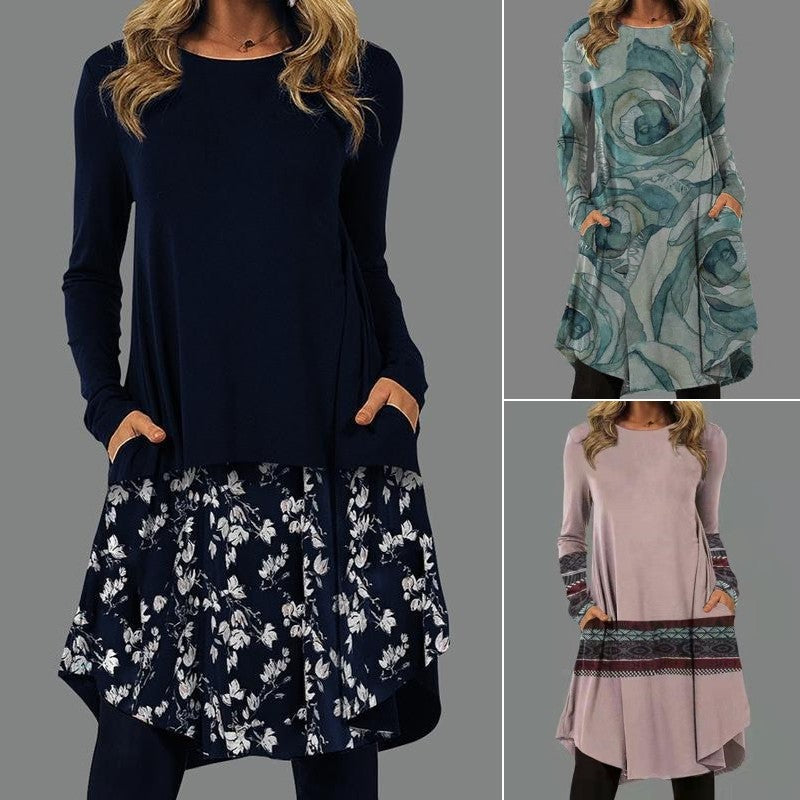 🔥✨【S-5XL】2024 rochie retro pentru femei la modă și elegantă în stil etnic, cusături cu imprimeuri multiple-3849019