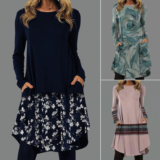 🔥✨【S-5XL】2024 rochie retro pentru femei la modă și elegantă în stil etnic, cusături cu imprimeuri multiple-3849019