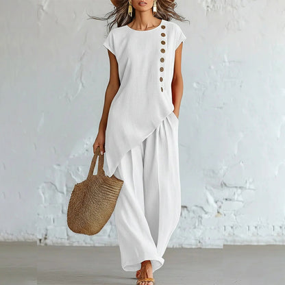 ✨Ležeran ljetni set s asimetričnim dizajnom i bočnim gumbima, topom bez rukava i širokim hlačama, boho-chic stil