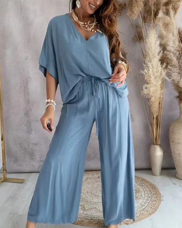 💕🥰50% popusta! 【S-3XL】V izrez kratki rukav + široke hlače set, izbor kroja