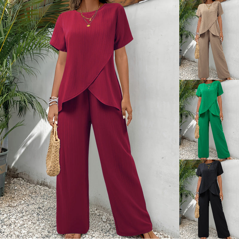 👗 Ženski komplet S–3XL – ležeran kroj, kratki rukav, okrugli izrez, asimetričan dizajn (majica + hlače)