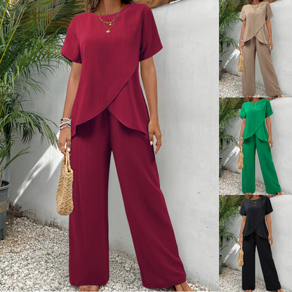 👗 Ženski komplet S–3XL – ležeran kroj, kratki rukav, okrugli izrez, asimetričan dizajn (majica + hlače)