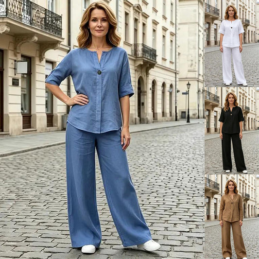 🔥【50% popusta】🔥 Ležeran i elegantan ljetni set: Izrađen od prirodnih materijala, s modernim V-izrezom u kombinaciji s hlačama ravnog donjeg ruba