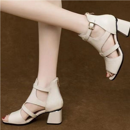 👡【35-40】Noua piele moale, moale, fund de pește, gură de pește, gură goală, sandale romane cu toc gros--3888909