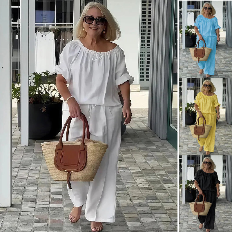 👑💃Ljetni set 2026, široki kroj od pamuka i lana 【Bluza s okruglim ovratnikom i vezicom + hlače】