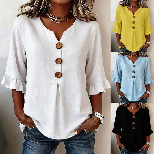 🌟🌟【S-3XL】Camiseta de mujer cómoda y transpirable con mangas abullonadas y diseño de cuello en V con botones.