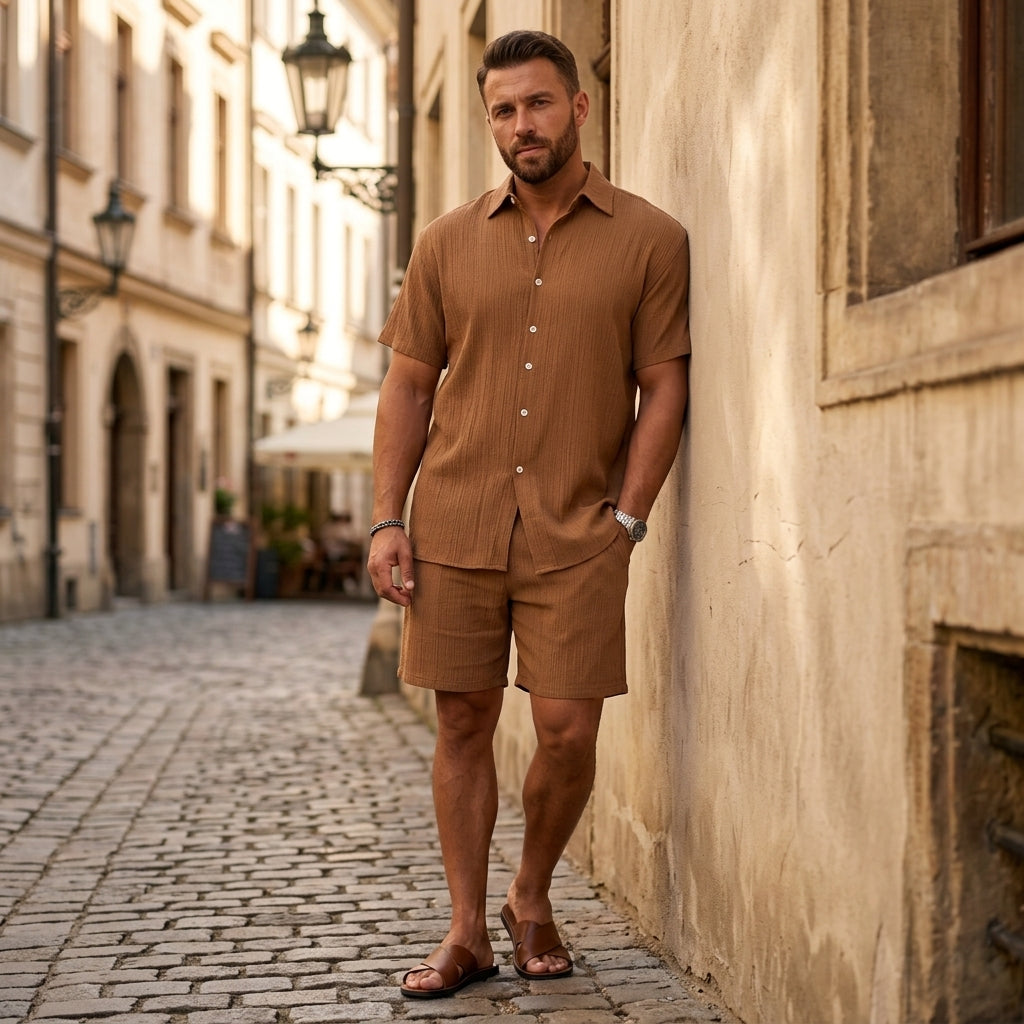 👔👖【S-3XL】🔥Ljetni muški ležerni komplet za plažu kratkih rukava i košulje kratkih hlača, ležerna mješavina pamuka i lana