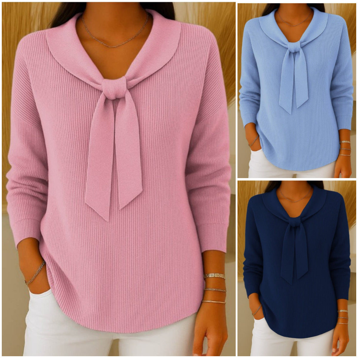 🌺🍁【S~5XL】Suéter de color liso para mujer con lazo y manga larga, libre y suelto 