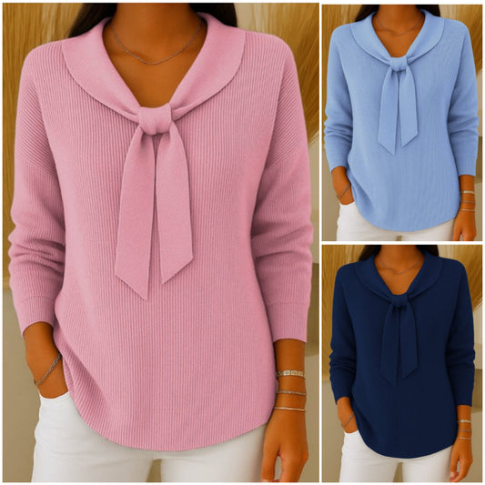 🌺🍁【S~5XL】Suéter de color liso para mujer con lazo y manga larga, libre y suelto 