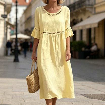 ✨【S–3XL】Dámske bavlnené ľanové šaty slim fit strihom, okrúhly výstrih, nafúknuté rukávy, priedušné a mäkké, pohodlné na nosenie