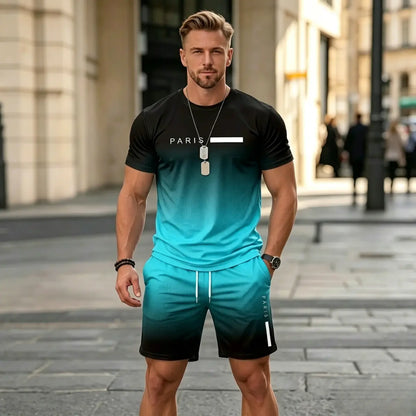 Conjunto deportivo de verano de 2 piezas para hombre: cómoda camiseta de manga corta y pantalones cortos para el día a día y para estar en casa.