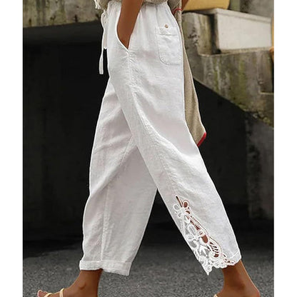 【Novi artikli s 50% popusta】👖✨ Ženske hlače ravnog kroja od pamuka i lana s detaljima od čipke i podesivim vezicom.