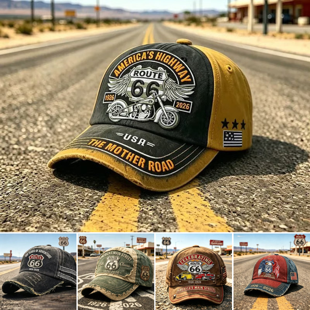 🧢🌟Podesiva retro bejzbolska kapa Route 66 - savršen izbor za ljubitelje biciklizma.