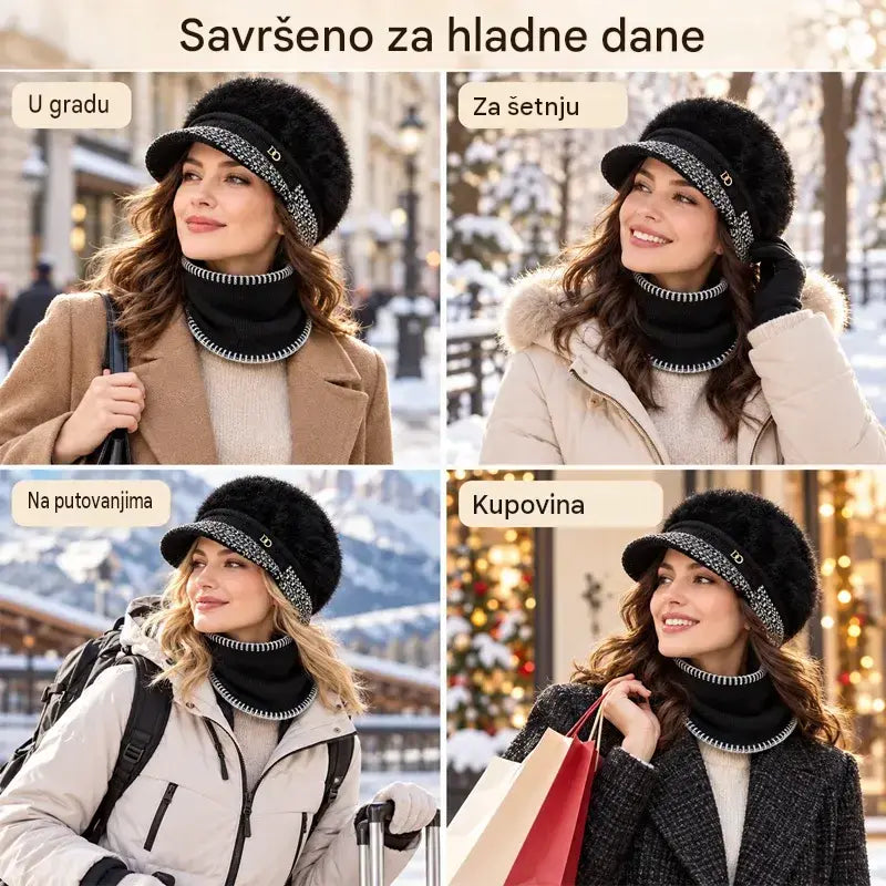 ❄️Elegantni zimski set od dva dijela: Bejzbol kapa s ušima od zečjeg krzna + pleteni šal!