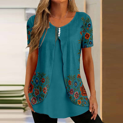 🌸【S-5XL】Elegantna bluza 2 u 1 s cvjetnim printom – široki kroj koji skriva trbuh i vitkije oblikuje figuru