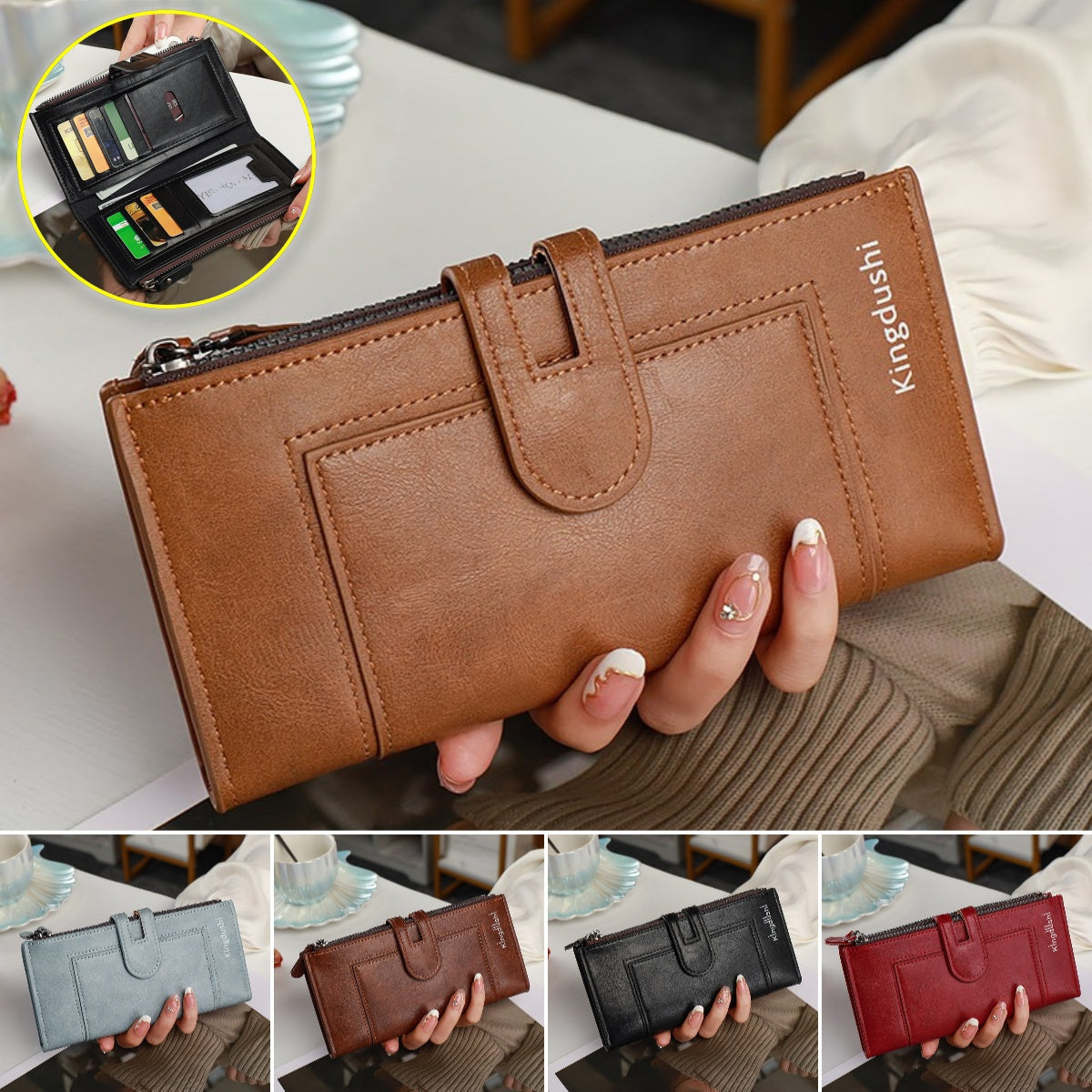 👛💰【Kupite 1, dobijte 1 gratis】💥Ženski retro novčanik od prave kože, dizajn s dvostrukim patentnim zatvaračem, više utora za kartice