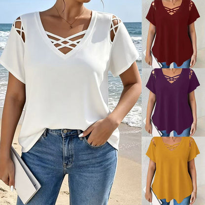 👚 Ljetna majica za žene od 100% pamuka, V-izrez, križni detalji i izrezi na ramenima | moderna i prozračna