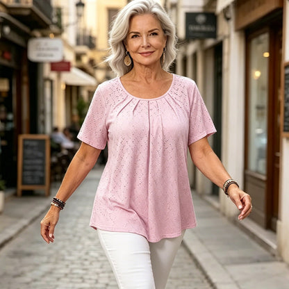 Elegantna ženska bluza s vezom i plisiranim dekolteom, ležerna majica kratkih rukava, teksturirana košulja u francuskom stilu