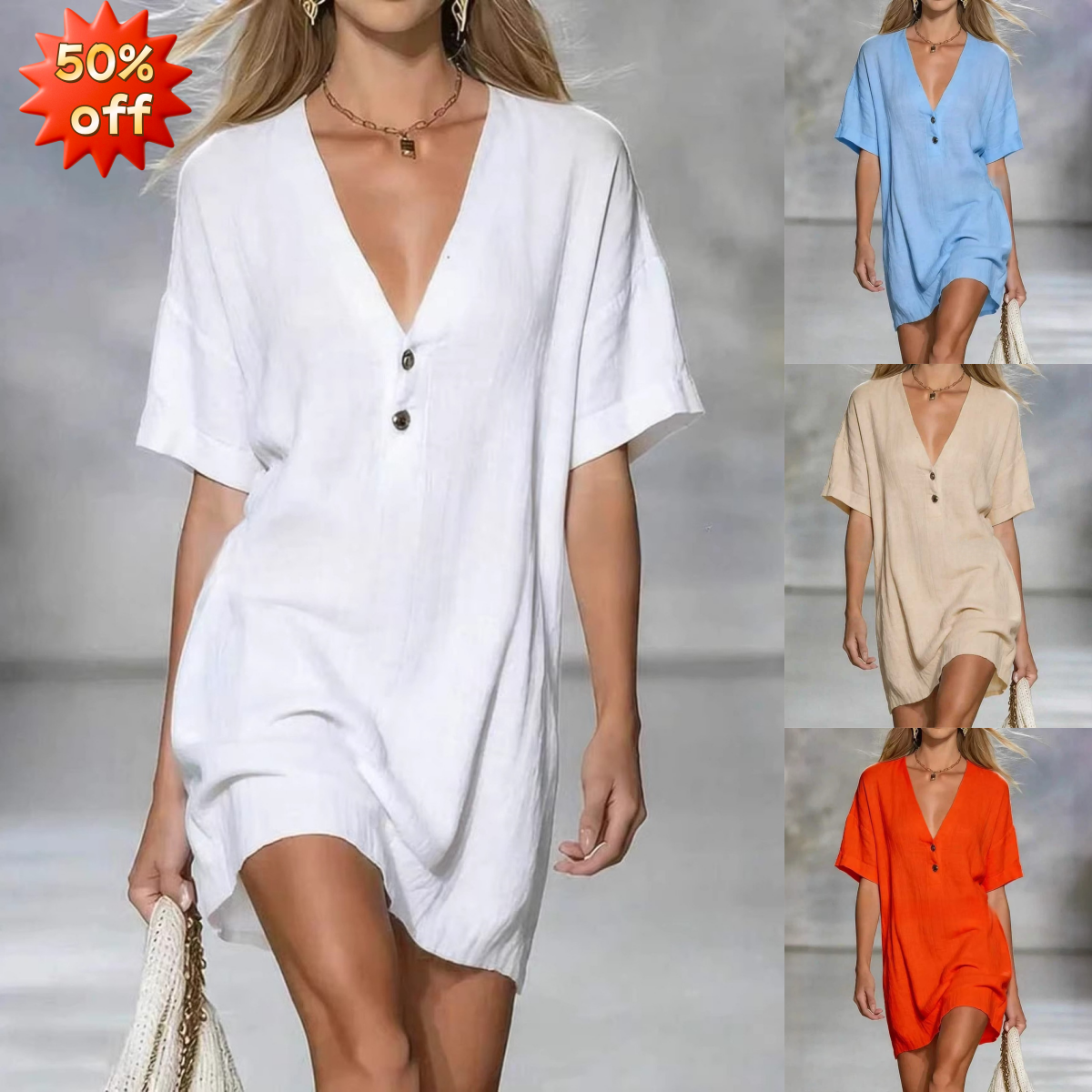 ✨🌷【50% popusta🔥】Nova ljetna moda, elegantna i jednostavna haljina od pamuka i lana s V-izrezom