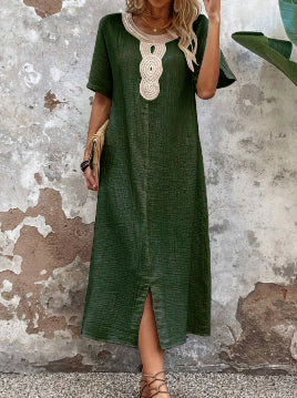 👗🧚‍♀️【Reducere 50% 🔥】【S–3XL】💖 Rochie de vară vaporoasă pentru femei, cu decolteu rotund, dantelă, mâneci scurte, din bumbac și in pur, cu șliț și croială lejeră-3988605
