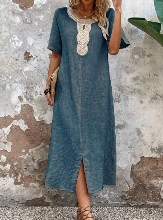 👗🧚‍♀️【Reducere 50% 🔥】【S–3XL】💖 Rochie de vară vaporoasă pentru femei, cu decolteu rotund, dantelă, mâneci scurte, din bumbac și in pur, cu șliț și croială lejeră-3988605