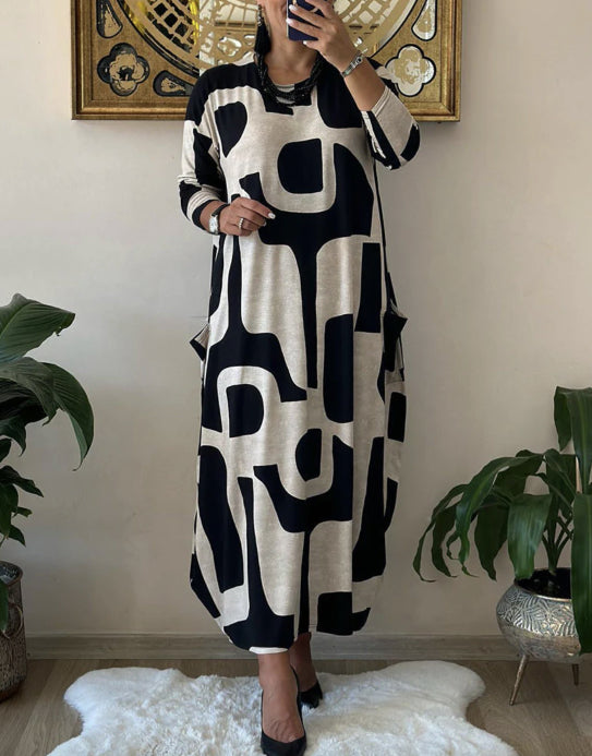 👗🎀【S-3XL】Ležerna modna haljina s okruglim izrezom i dugom suknjom s printom dugih rukava