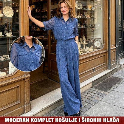 💕【Top s ovratnikom + hlače】Elegantni ženski set: košulja fine teksture i zvonaste hlače, sofisticirani stil, visoki struk