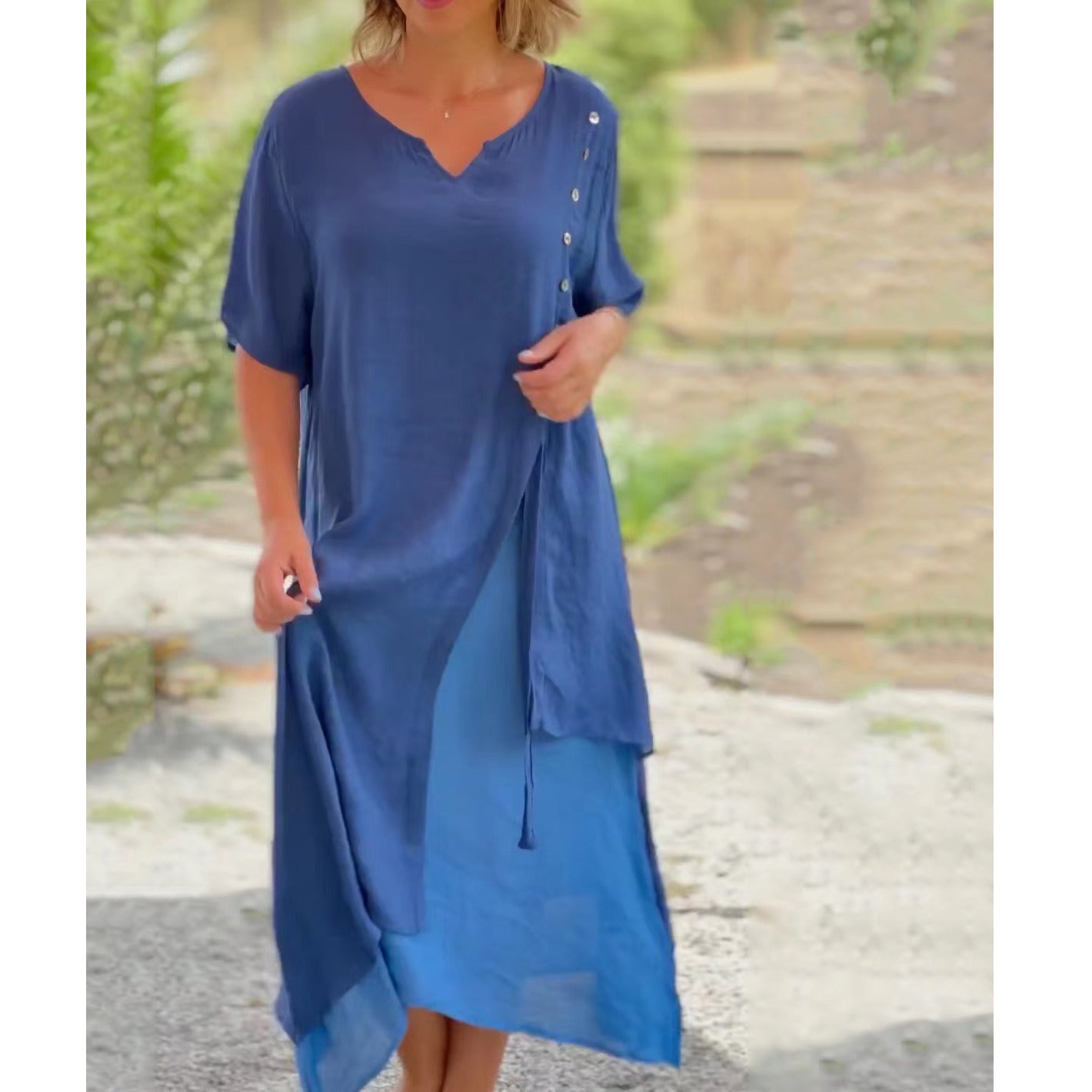 👗💖Vremenski ograničena promocija😍【S-4XL】✨Nova proljetno/ljetna dvodijelna asimetrična haljina za 2026. godinu, V-izrez s kratkim rukavima.