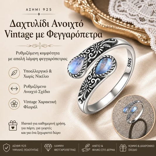Último día 50 % de descuento en anillo con flor de piedra lunar, estilo vintage. Ajuste ajustable · Atemporal Elegancia