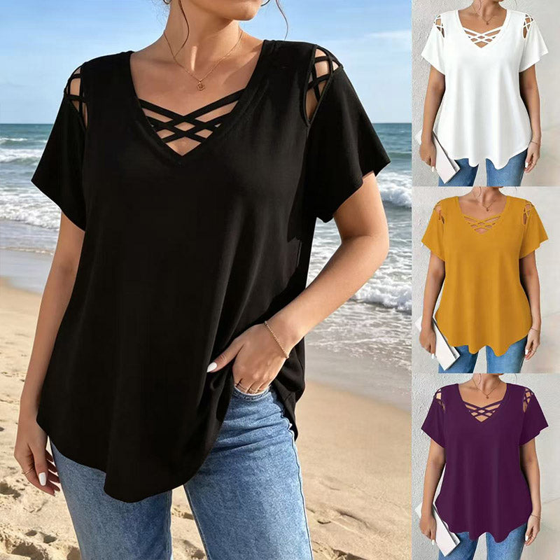 👚 Ljetna majica za žene od 100% pamuka, V-izrez, križni detalji i izrezi na ramenima | moderna i prozračna