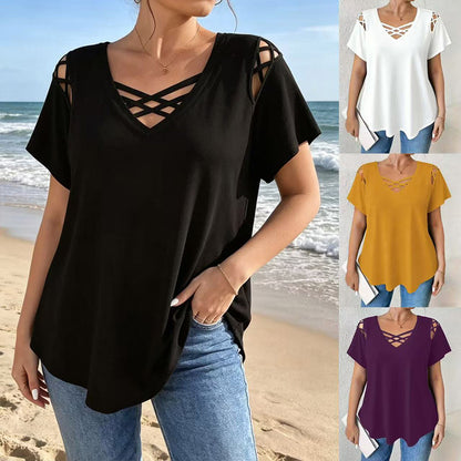 👚 Ljetna majica za žene od 100% pamuka, V-izrez, križni detalji i izrezi na ramenima | moderna i prozračna