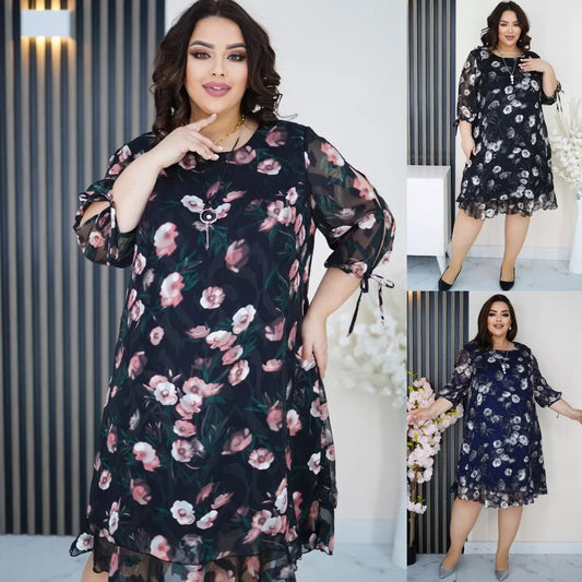 【🥻 Stil nou de primăvară】🤩【S-5XL】Rochie elegantă cu imprimeu din șifon --3911626