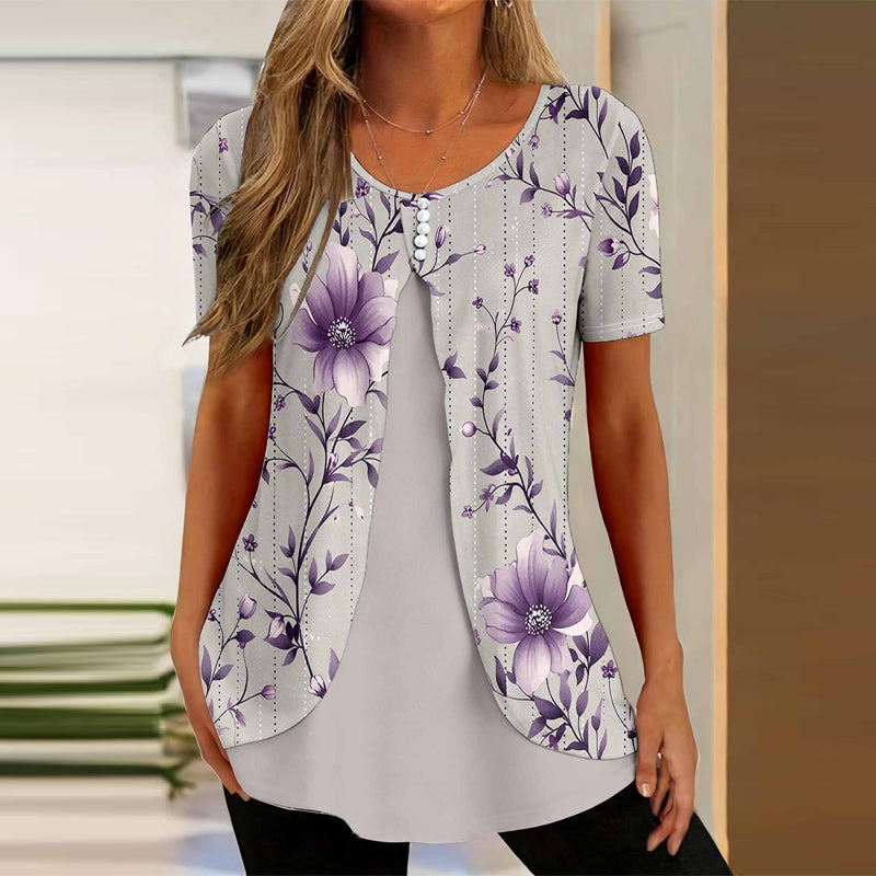 🌸【S-5XL】Elegantna bluza 2 u 1 s cvjetnim printom – široki kroj koji skriva trbuh i vitkije oblikuje figuru