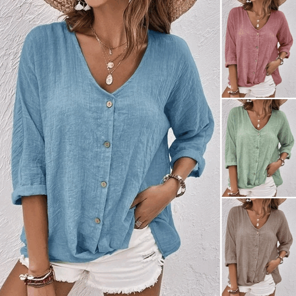 🔥 🌿【S-5XL】 2025 Nouă! Cămașă lejeră, din bumbac, V decoltată pentru femei-3896788