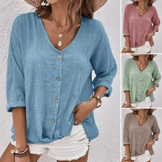 🔥 🌿【S-5XL】 2025 Nouă! Cămașă lejeră, din bumbac, V decoltată pentru femei-3896788