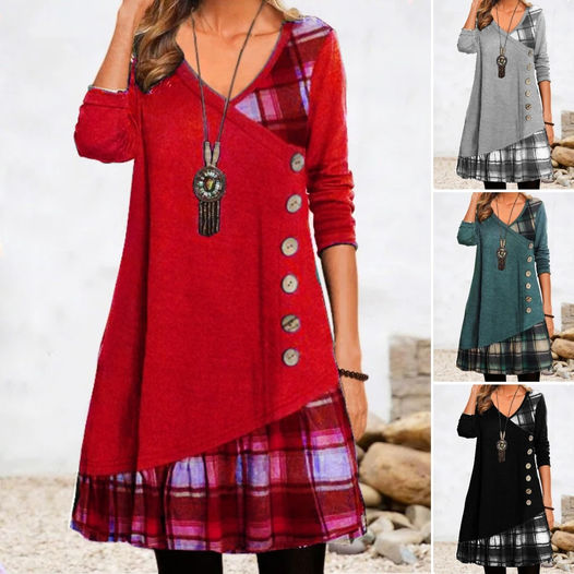 💟【Produse noi de toamnă】👗【S-3XL】 2025 rochie elegantă nouă, cu decolteu în V, în carouri, cu mâneci lungi 3905364