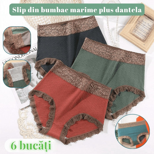 【pachet de 6】Lenjerie de corp pentru femei, din bumbac pur, cu talie înaltă, moale și confortabilă, cu ornamente din dantelă-3856586