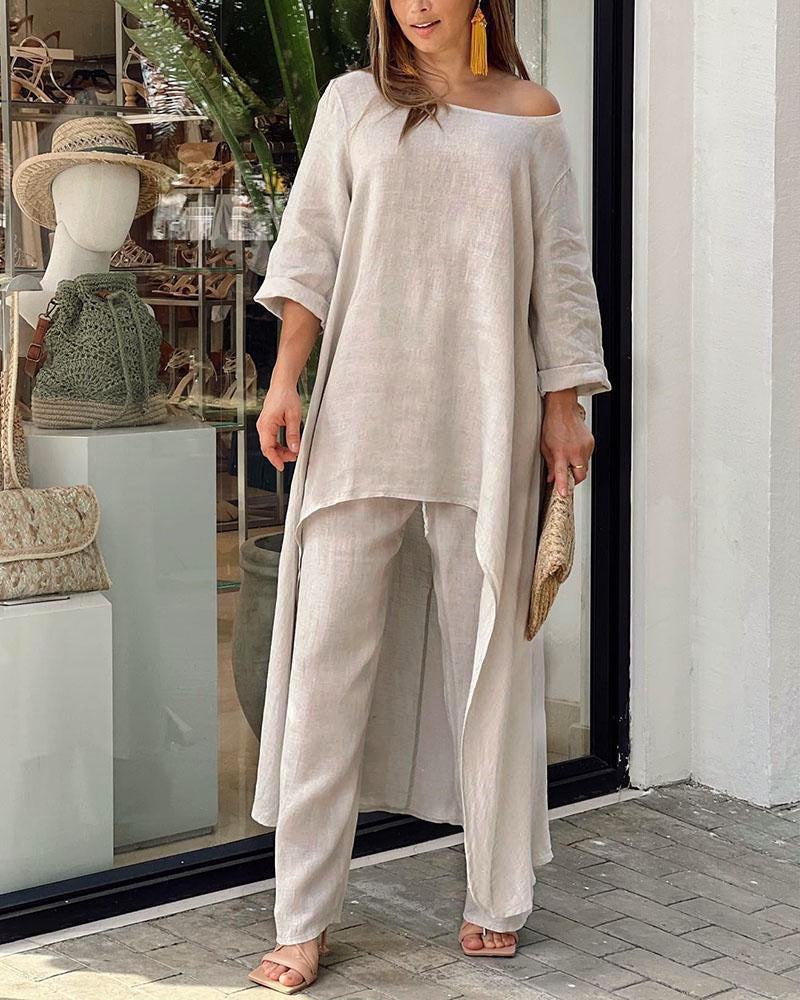50% sleva ✨【S-3XL】👚👖 Souprava topu s dlouhým rukávem nepravidelného tvaru a stylových kalhot rovného střihu, ležérní a elegantní